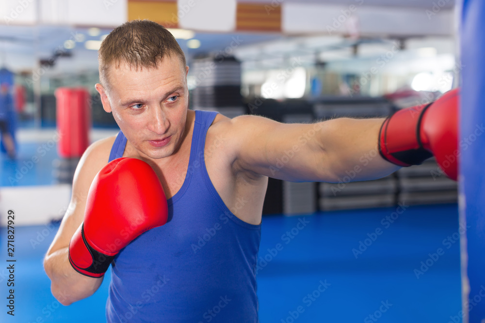 Adult sport male is training with punching bag in gym