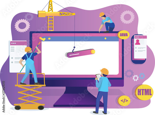 Modern vector illustration concept. The team of web developers constructs a personal user account or admin panel for the website. Website development. Flat vector banner.