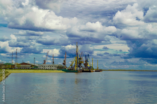 View of the cargo river port on the Ob River