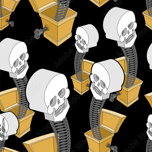 Skull out of prank box pattern seamless. Funny prize skeleton background. Toy for Halloween ornament.