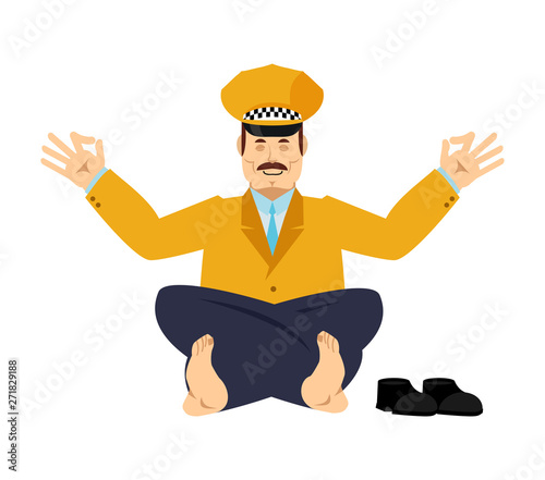 Taxi driver yoga. Cabdriver yogi isolated. Cabbie Relaxation and meditation. Vector illustration