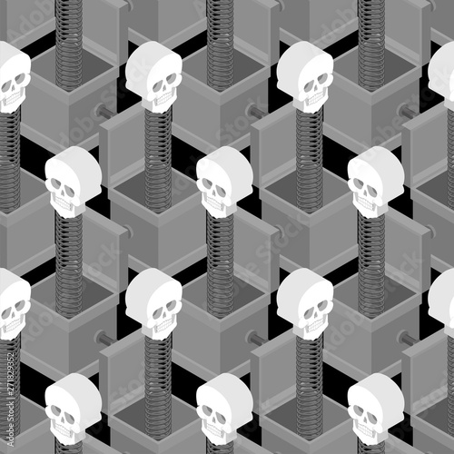 Skull out of prank box pattern seamless. Funny prize skeleton background. Toy for Halloween ornament.