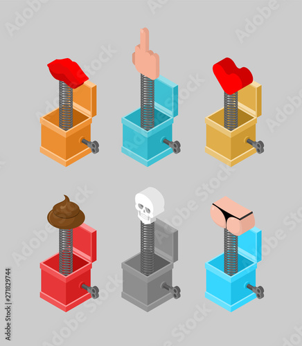 Prank box set. Funny prize fuck and ass. Shit and skull. Kiss and heart. Toy April Fools Day