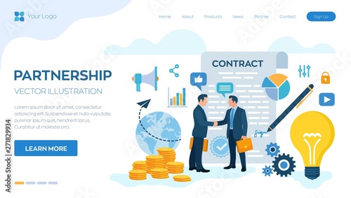 Partnership Concept. Financing of creative projects. Handshake of two business men. Agreement of parties. Signing documents. The investor holds money in ideas. Business team. Vector illustration.