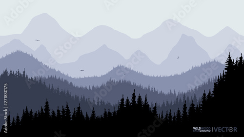 Tranquil backdrop, pine forests, mountains in the background. Dark blue tones, flying birds.