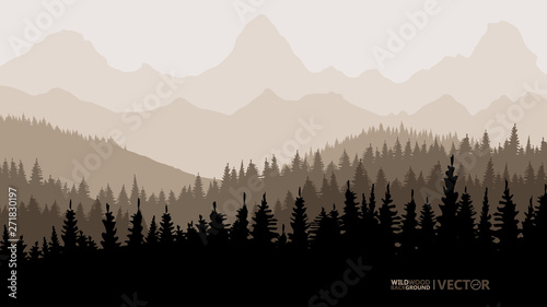 Tranquil backdrop, pine forests, mountains in the background. Beige tones.