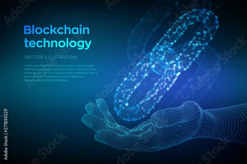 Block chain. Crypto currency. Blockchain concept. 3D wireframe chain with digital blocks in robotic hand. Editable cryptocurrency template. Stock vector illustration.