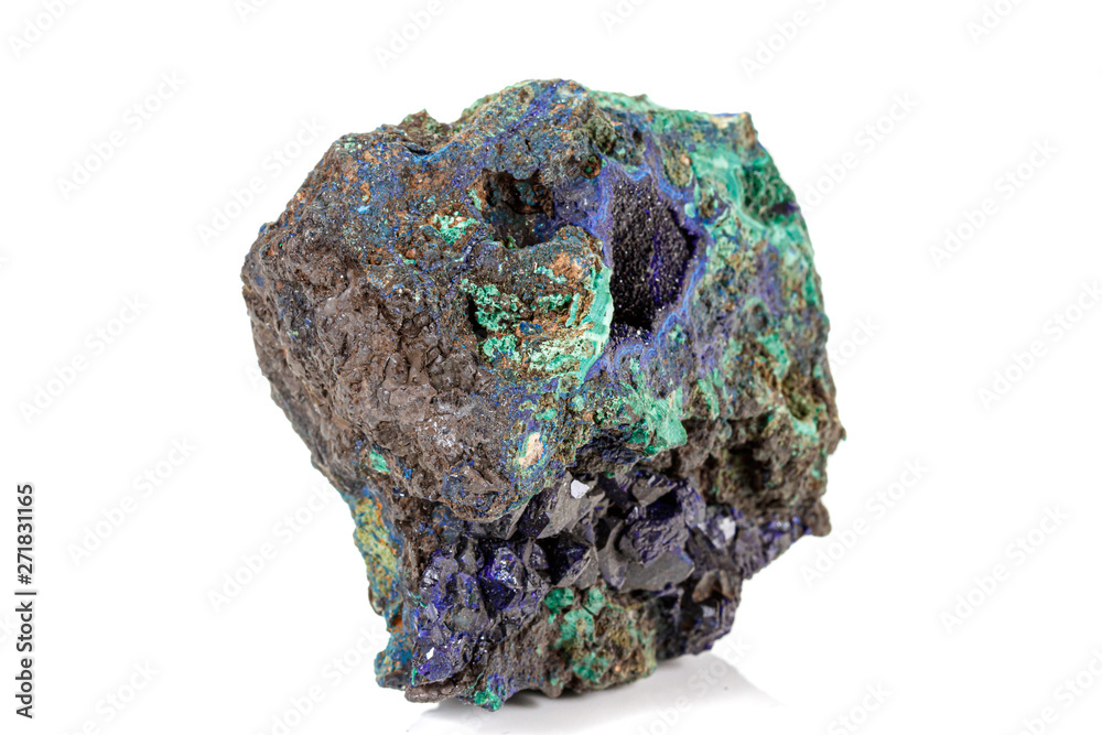 Macro stone mineral Azurite Malachite on a white background Macro stone mineral Azurite Malachite on a white background