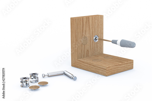 3D illustration. Furniture 45 degree connection with minifix bolt. Metal self-tapping fittings and wood parts isolated on white background. Close up. Screwdriver. Furniture hardware and fittings.