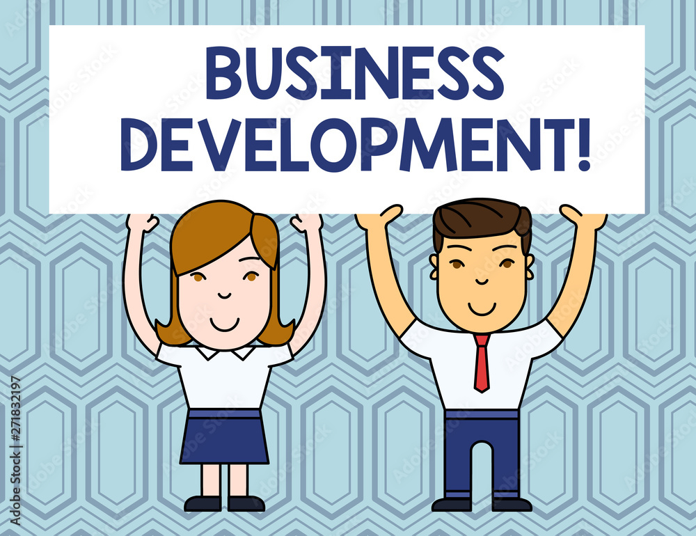 Text sign showing Business Development. Business photo showcasing Implement Growth Value within and between company Two Smiling People Holding Big Blank Poster Board Overhead with Both Hands Text sign showing Business Development. Business photo showcasing Implement Growth Value within and between company Two Smiling People Holding Big Blank Poster Board Overhead with Both Hands