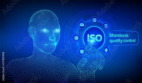 ISO standards quality control assurance warranty business technology concept. ISO standardization certification service concept. Wireframed cyborg hand touching digital interface. Vector illustration.