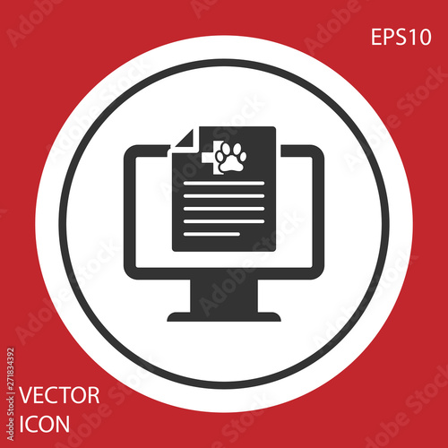 Grey Medical clinical record pet on monitor icon isolated on red background. Health insurance form. Prescription, medical check marks report. White circle button. Vector Illustration