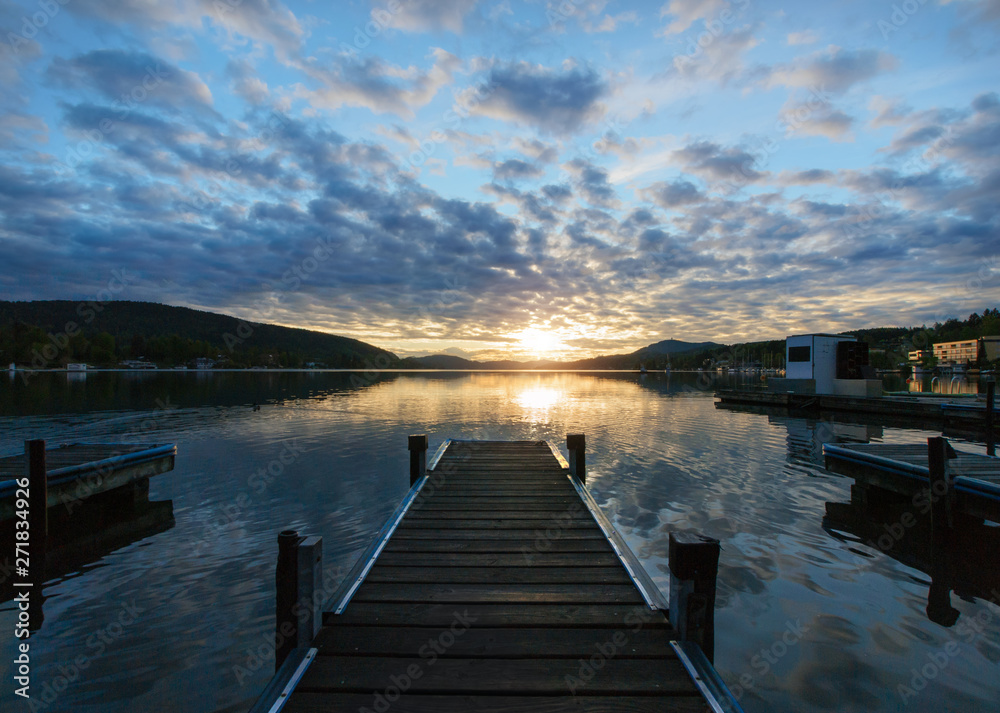 The pier in boat quay in Velden am Worthersee in sunrise