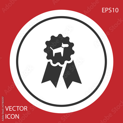 Grey Dog award symbol icon isolated on red background. Medal with dog footprint as pets exhibition winner concept. White circle button. Vector Illustration