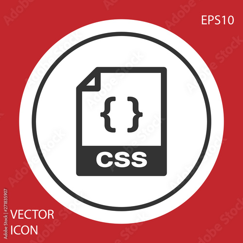 Grey CSS file document icon. Download css button icon isolated on red background. CSS file symbol. White circle button. Vector Illustration