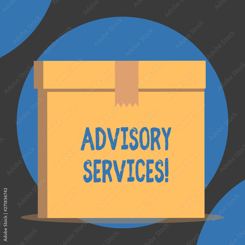 Handwriting text Advisory Services. Conceptual photo Support actions and overcome weaknesses in specific areas Close up front view open brown cardboard sealed box lid. Blank background Handwriting text Advisory Services. Conceptual photo Support actions and overcome weaknesses in specific areas Close up front view open brown cardboard sealed box lid. Blank background
