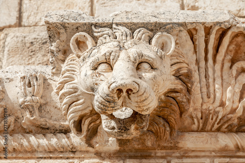 Head of the lion, Roman wall ornament at Bacchus temple, Bekaa Valley, Baalbek, Lebanon photo