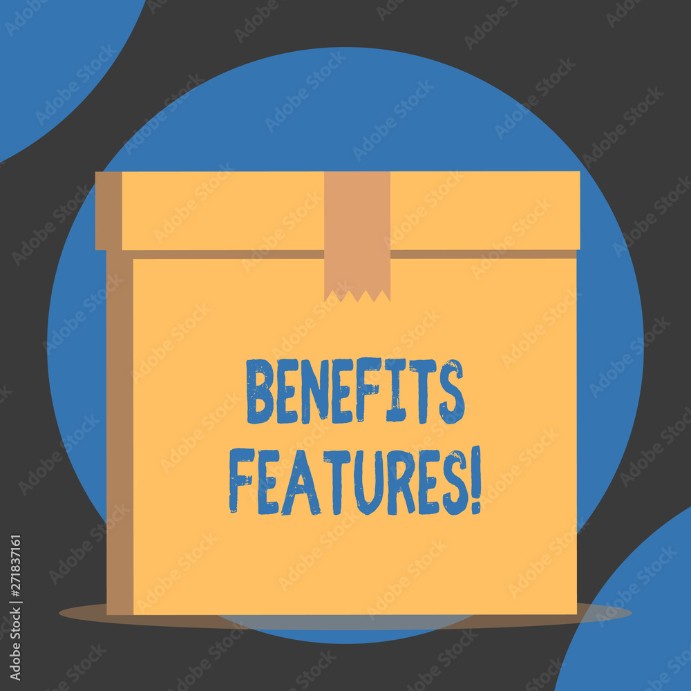 Handwriting text Benefits Features. Conceptual photo Making a product stand out from the crowd Value of it Close up front view open brown cardboard sealed box lid. Blank background Handwriting text Benefits Features. Conceptual photo Making a product stand out from the crowd Value of it Close up front view open brown cardboard sealed box lid. Blank background