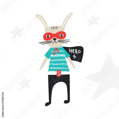 Super Hero - cute and fun kids nursery poster with little hare animal in hero mask. Vector illustration