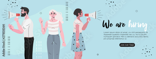 Vector illustration of people shouting in loud speaker and recruiting new employees, workers. We are hiring or job recruitment banner, poster, flyer or landing page concept for ui, web or mobile app.