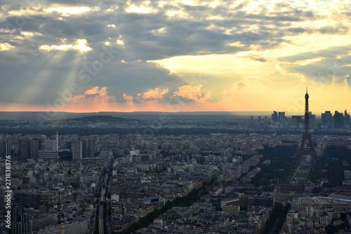 aerial view of Paris France at sunset