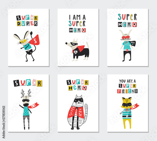 Super Hero - collection of nursery posters with cute and fun kids super hero animals and lettering. Vector illustration