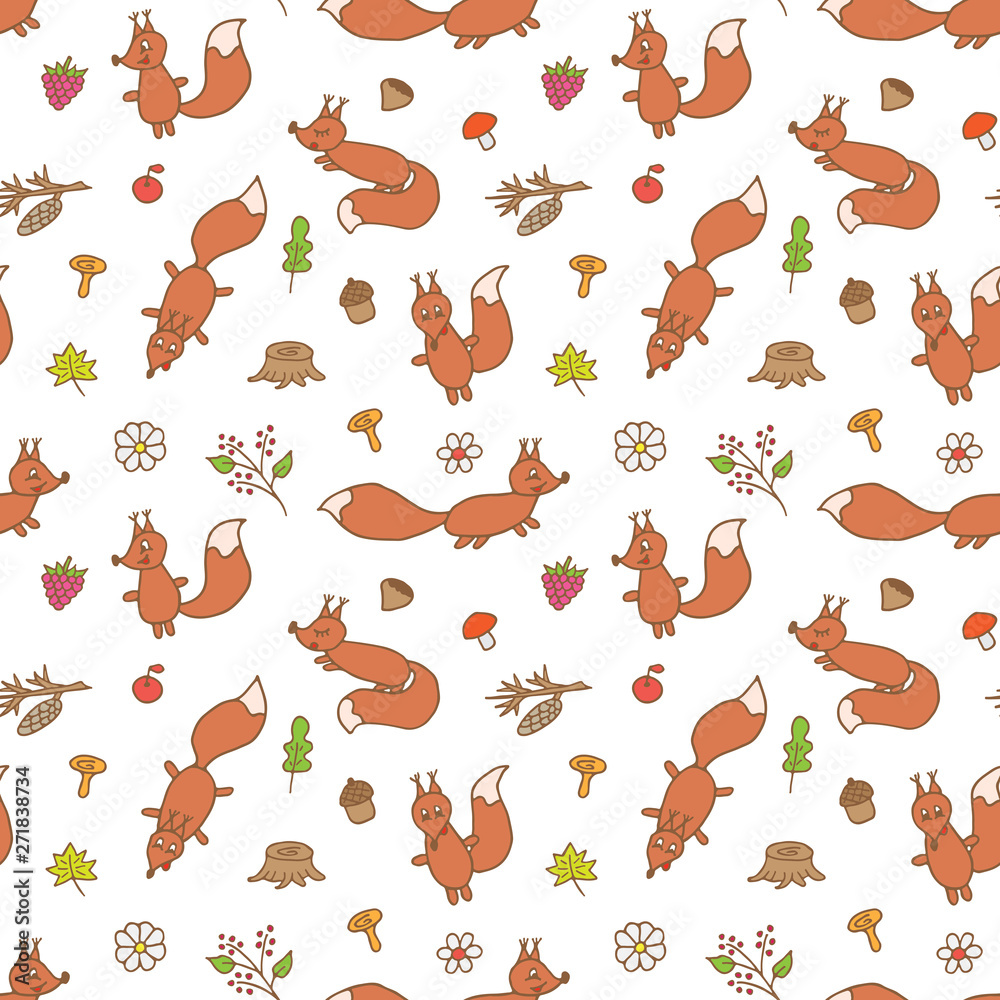 Squirrels seamless vector pattern. Hand drawn squirrels, leaves, mushrooms, fruits seamless pattern for background, textile, fabric, wrapping paper Squirrels seamless vector pattern. Hand drawn squirrels, leaves, mushrooms, fruits seamless pattern for background, textile, fabric, wrapping paper