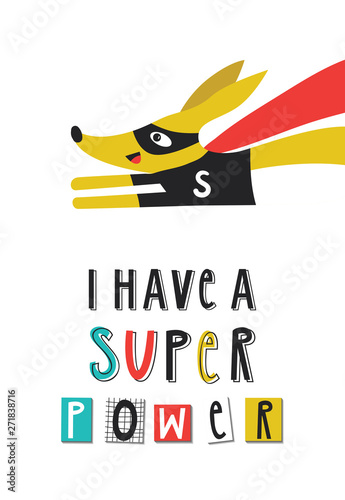 Super Kid - Super Hero. Cute and fun kids nursery poster with fox animal and hand drawn lettering.