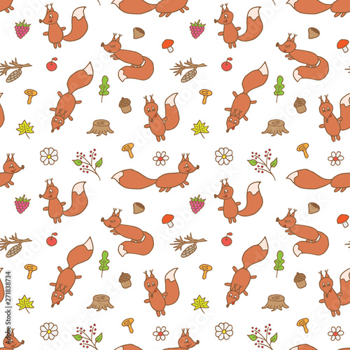 Squirrels seamless vector pattern. Hand drawn squirrels, leaves, mushrooms, fruits seamless pattern for background, textile, fabric, wrapping paper