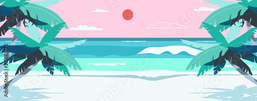 Vector illustration of a beach and a sea coast landscape. Creative summer banner or landing page for tour operator or travel agency. Summer theme background.