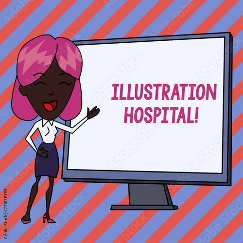 Conceptual hand writing showing Illustration Hospital. Concept meaning unique Applied Art of Medical Institution and Practice White Female in Standing Pointing Whiteboard Presentation photo