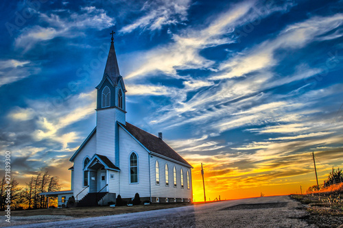 Ellis County, KS USA - A Lone Church at Dusk in the Western Kansas Prairie photo