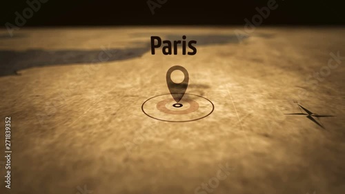 Paris city on retro map in sepia color. Old atlas chart with mark by pushpin. Vintage maps 3D animation.