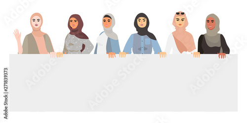 Vector illustration of different women in hijab. Modern independent muslim women in a stylish outfit holding banner or placard in an act of protest. Women  talking about their rights and equaliry.