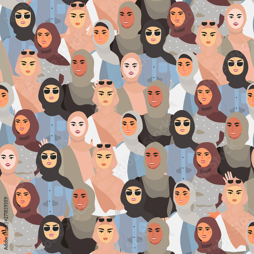 Vector illustration of different women in hijab. Seamless pattern with modern independent muslim women in a stylish outfit. Arab women fighting for their equality and rights and standing together.