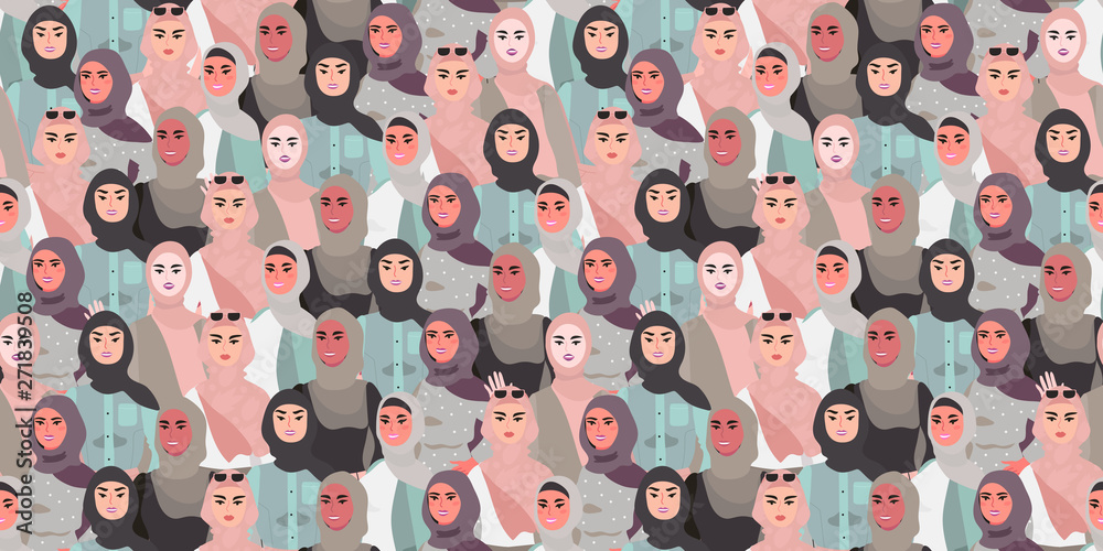 Vector illustration of different women in hijab. Seamless pattern with modern independent muslim women in a stylish outfit. Arab women fighting for their equality and rights and standing together. Vector illustration of different women in hijab. Seamless pattern with modern independent muslim women in a stylish outfit. Arab women fighting for their equality and rights and standing together.