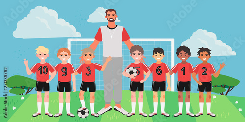 Vector illustration of a junior football or soccer team. Football field picture with children and their coach. Creative banner, flyer or landing page for a kids football team, club or championship.