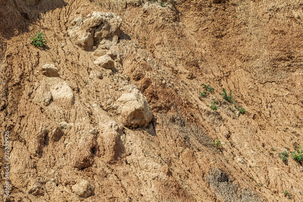 Landslide zone on Black Sea coast. Rock of sea rock shell. Zone of natural disasters during rainy season. Large masses of earth slip along slope of hill, destroy houses. Landslide - threat to life Landslide zone on Black Sea coast. Rock of sea rock shell. Zone of natural disasters during rainy season. Large masses of earth slip along slope of hill, destroy houses. Landslide - threat to life