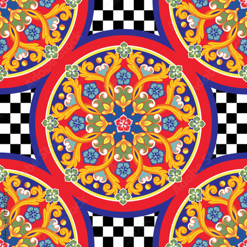 Seamless trendy bright background. Colorful ethnic round ornamental mandala on checkered pattern. Vector illustration