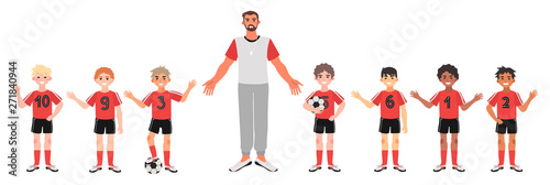 Vector illustration of a diverse junior football or soccer team in a red uniform with their male coach isolated on a white background.