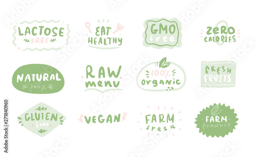 Healthy food logo set. Rough emblem design. Stain background for restaurant, farm branding