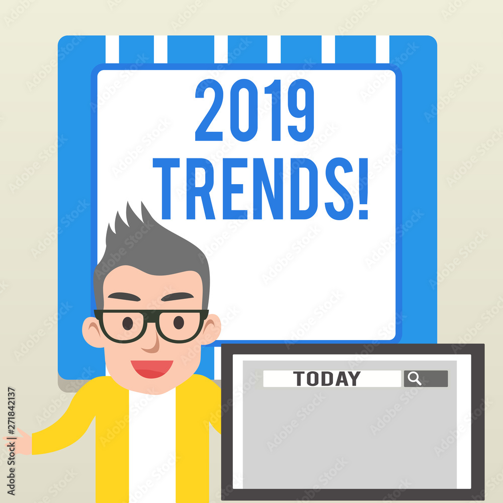 Handwriting text writing 2019 Trends. Conceptual photo general direction in which something is developing or changing Male Speaker Monitor with Search Tool on Screen Presentation or Report Handwriting text writing 2019 Trends. Conceptual photo general direction in which something is developing or changing Male Speaker Monitor with Search Tool on Screen Presentation or Report
