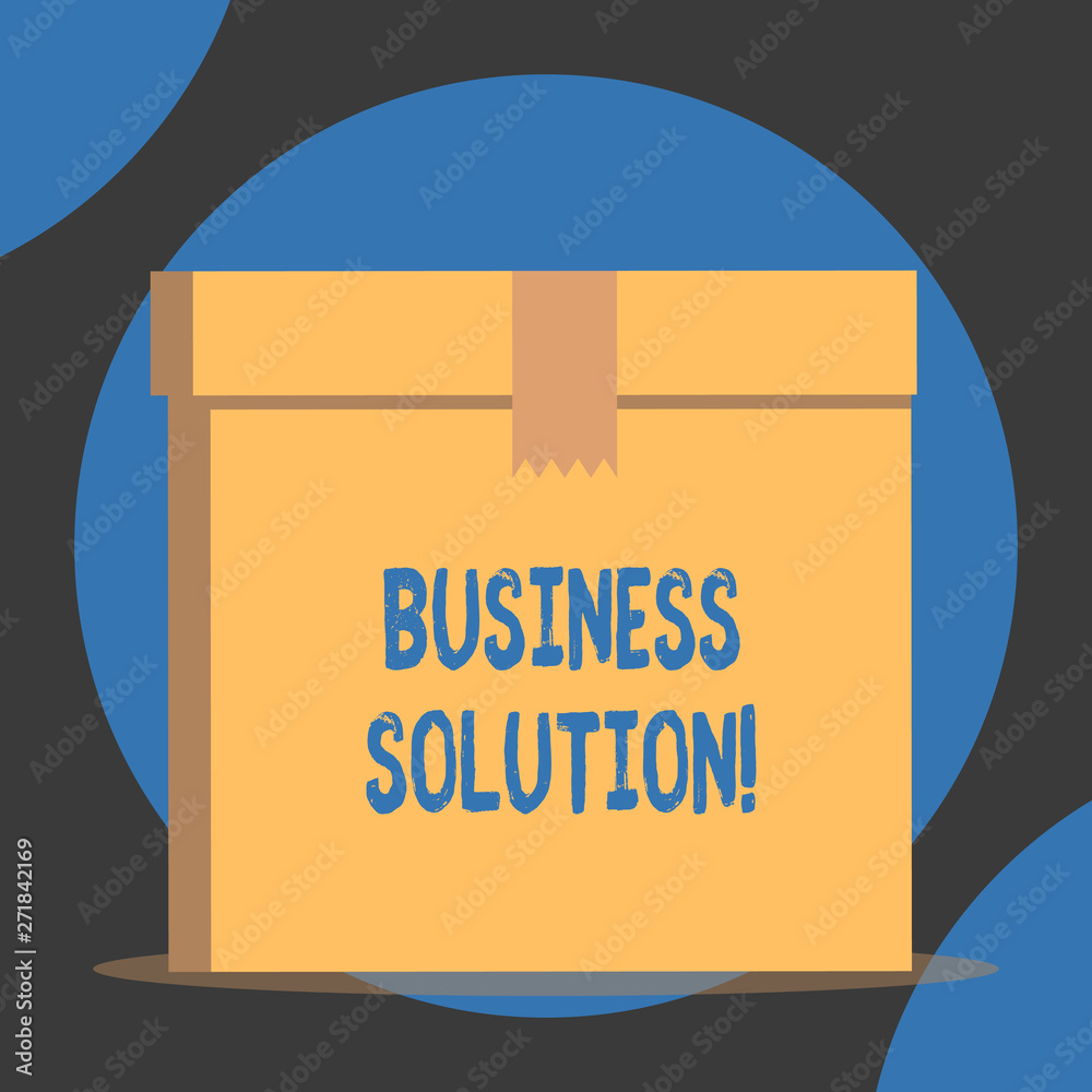 Handwriting text Business Solution. Conceptual photo Services that include strategic planning and evaluation Close up front view open brown cardboard sealed box lid. Blank background