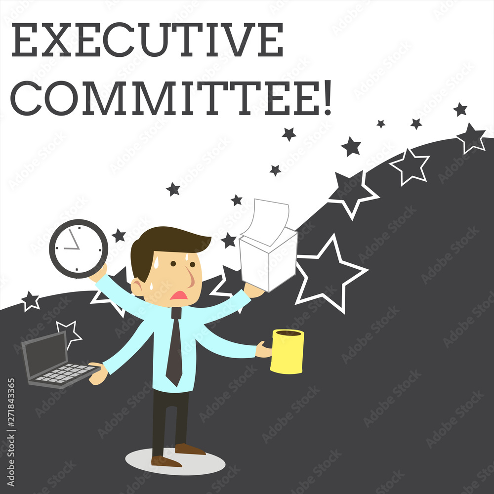 Word writing text Executive Committee. Business photo showcasing Group of Directors appointed Has Authority in Decisions Stressed Out Male Employee Manager Many Armed Multitasking Meet Deadline Word writing text Executive Committee. Business photo showcasing Group of Directors appointed Has Authority in Decisions Stressed Out Male Employee Manager Many Armed Multitasking Meet Deadline