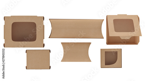 Packaging food box cardboard brown open and closed on white isolated background. 3D rendering