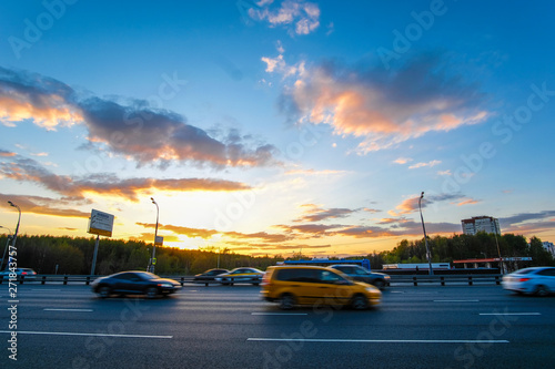 Moscow, Russia - May, 5, 2019: traffic in Moscow at sunset