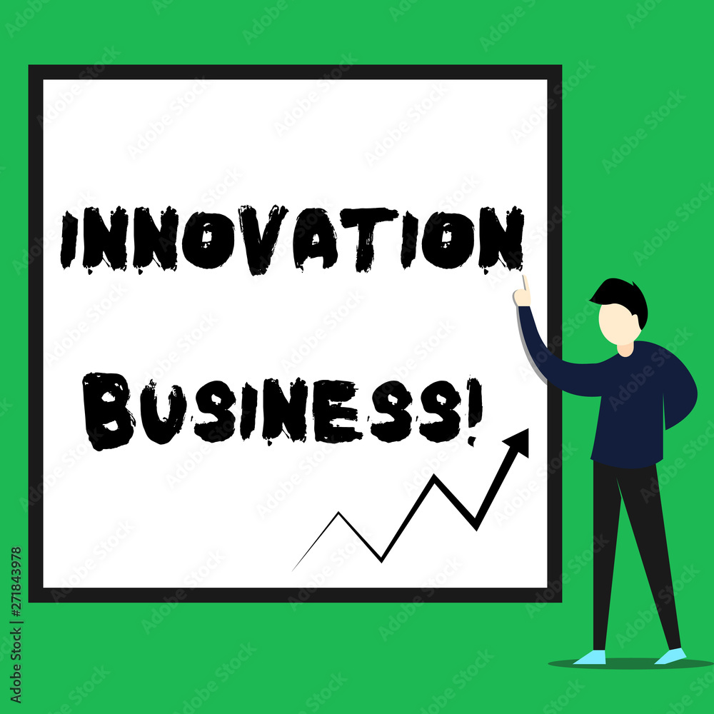 Writing note showing Innovation Business. Business concept for Introduce New Ideas Workflows Methodology Services Young man standing pointing up rectangle Geometric background Writing note showing Innovation Business. Business concept for Introduce New Ideas Workflows Methodology Services Young man standing pointing up rectangle Geometric background
