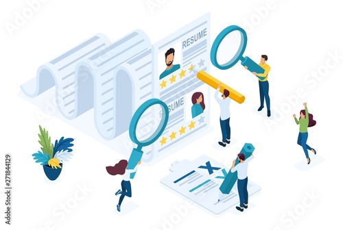 Isometric HR Manager, consideration of the summary, recruiting concept. Concept for web design