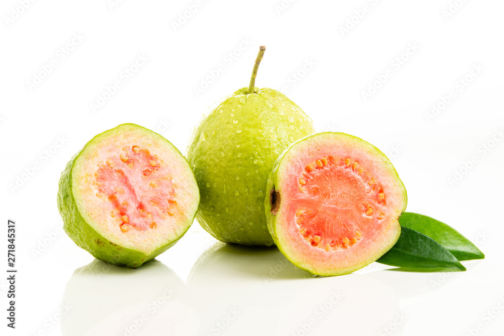 Red guava cut on white background.