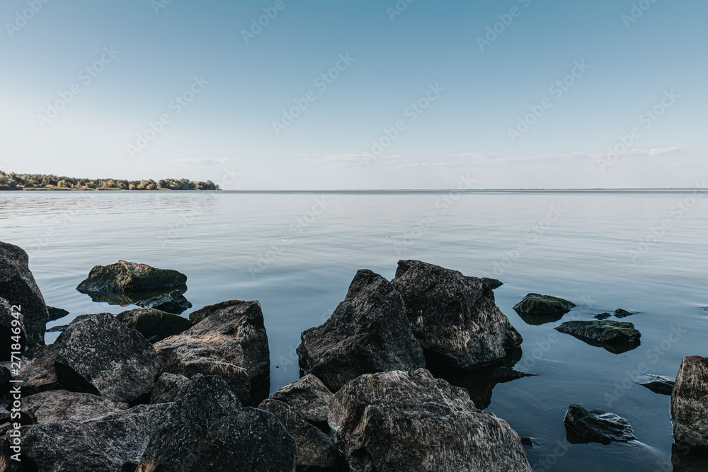 river landscape with stones, twilight sunset time river landscape with stones, twilight sunset time